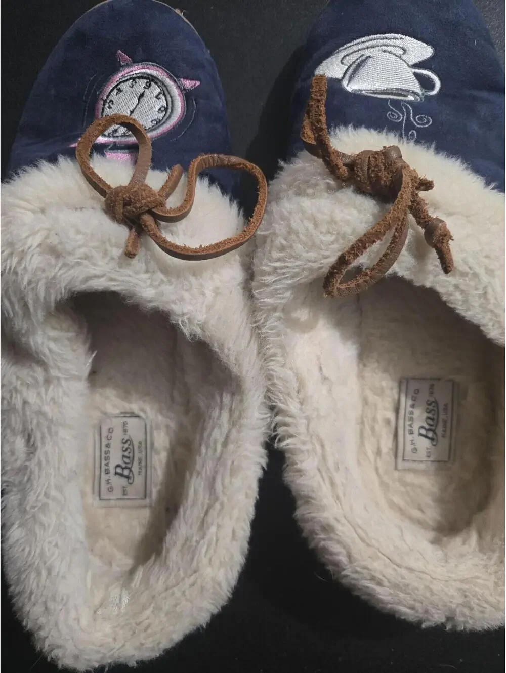 G.H. Bass & Co. Blue Suede Moccasin Slippers with Coffee & Alarm Clock Size 8M